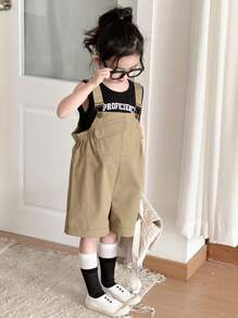 Dazy Kids 2pcs/Set Young Girl Letter Print Round Neck Camisole And Bib Shorts Set