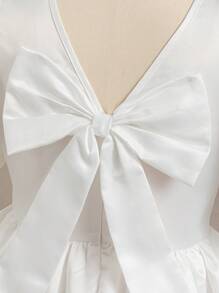 Holiday,Summer,Travel  Teen Girls White V-Neck Puff Sleeve Knee-Length Dress With Detachable Bow, Elegant Suitable For Party, Wedding, Valentine's Gift, School, Outing, Birthdays - Satin Shiny Fabric - White - View 4