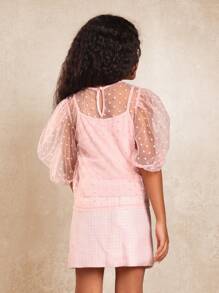 SUMWON Mesh Polka Dot Puff Sleeve Blouse With Bow Detail, Girls Special Occasion Top, Party Wear Layered Top, Holiday Season Fashion - Baby Pink - View 2