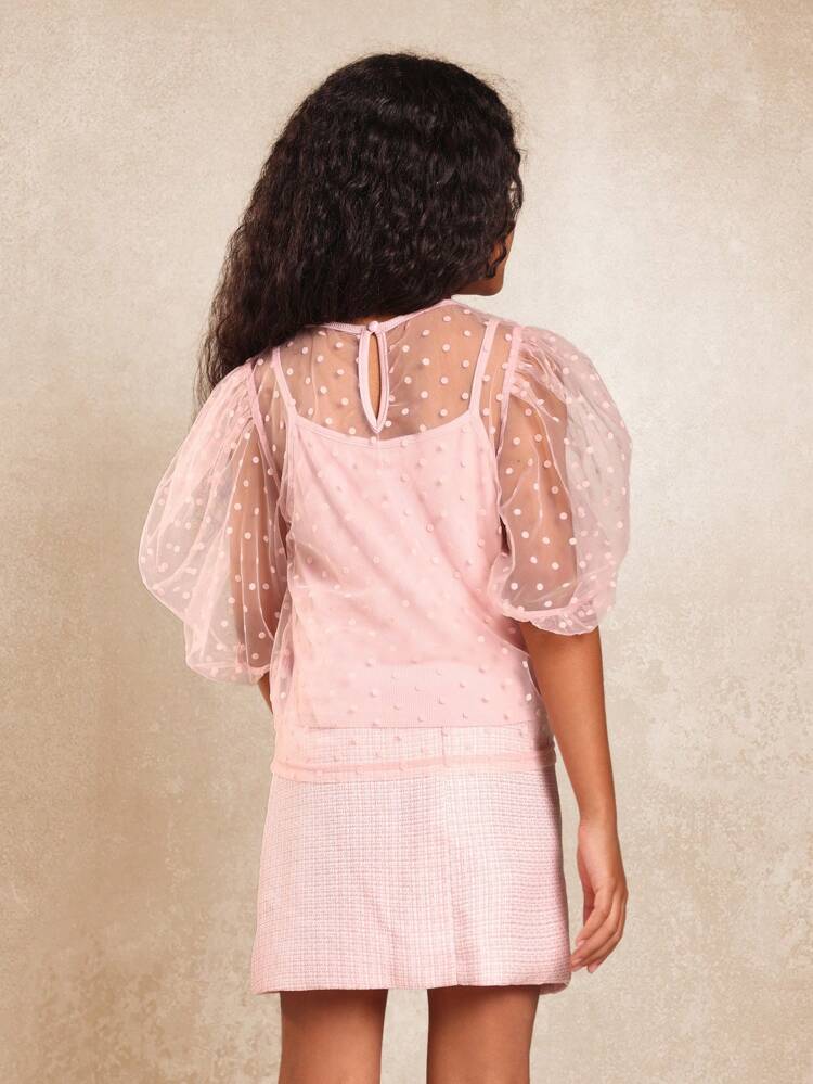 Mesh Polka Dot Puff Sleeve Blouse With Bow Detail