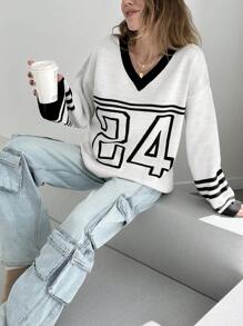 EURMUSE Casual V Neck Loose Fit Drop Shoulder Numeric Pattern Long Sleeve Sweater For Autumn Winter - White - View 6