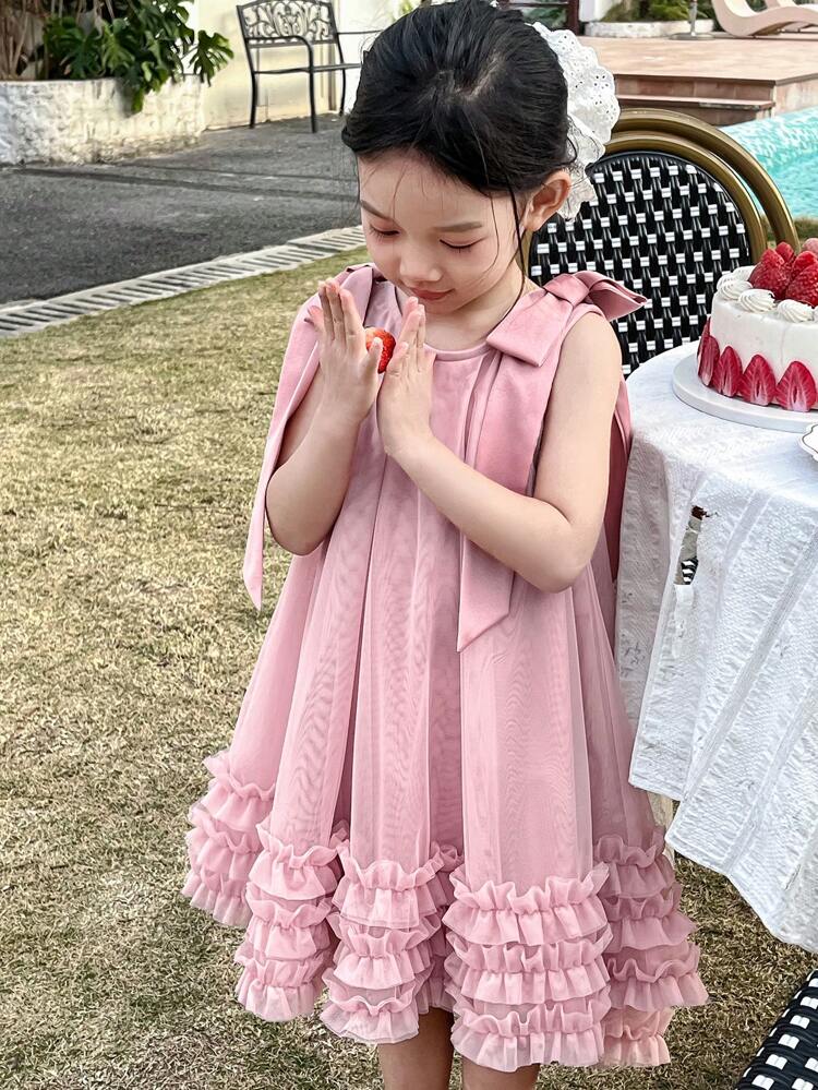 Young Girl Plain Sleeveless Pleated Ruffle Hem Casual Dress, Girls Summer Outfits