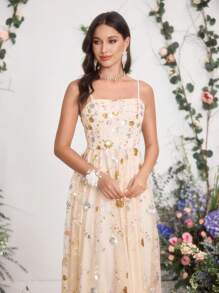 Coutiva 女士亮片花卉网眼吊带优雅舞会礼服、婚礼宾客礼服、适合音乐节春/夏、派对礼服、舞会礼服 - 杏色 - 查看 4