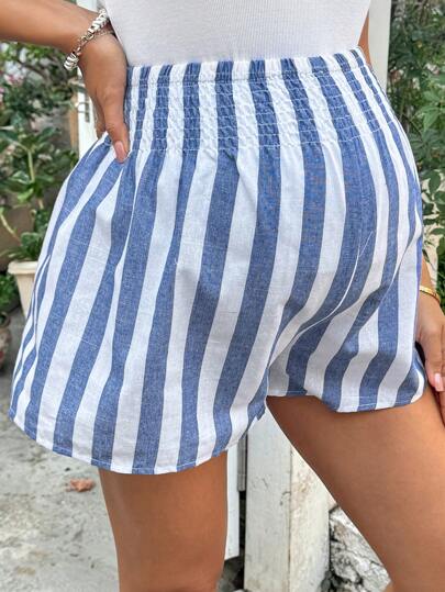 SHEIN 休闲度假编织条纹高腰宽松阔腿孕妇短裤