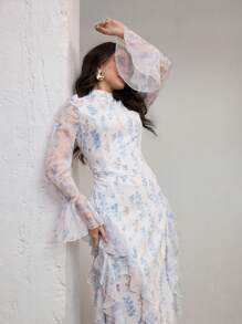 Graceveil Women's Floral Print Ruffled Trim Tie-Back Modest Elegant Dress - Multicolor - View 7