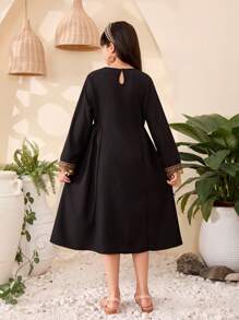 Tween Girls Black Long Sleeve Mid-Length Dress, Combining And Fashion Elements To Showcase The Unique Charm Of Young Girls - Black - View 2