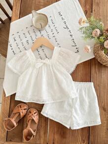 SHEIN Baby Girl Cute Embroidered Bow Short Sleeve Top And Shorts Suit, Versatile Summer Set