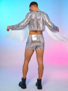 FeverCity Men's Ice Silk Fringed Patchwork Short Sleeve T-Shirt Set - Silver - View 2