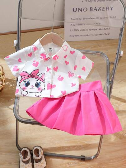 女婴心形猫图案粉色短袖衬衫和百褶裙套装，适合日常外出、购物、摄影、夏季