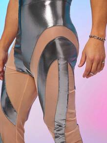 FeverCity Men's Ice Silk Embossed + Mesh Jumpsuit & Bib Pants - Multicolor - View 3