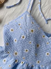 Flirla Plus Size Women's Boho Sundress Bowknot Blue Plaid Daisy Floral Print A-Line Vacation Stylish Cute Casual Cami Top, For Summer