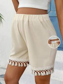 SHEIN Solid Color High Waist Tassel Trim Maternity Shorts - Beige - View 1