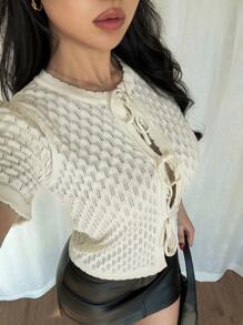 Chiquease New Sweet Fresh Simple Lace-Up Frill Hollow Out Women Cardigan Sweater, Spring/Summer - Apricot - View 4