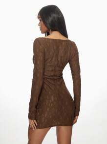 MISSGUIDED Elegant Lace Long Sleeve Bodycon Mini Dress Scoop Neck Party Club Night Out Dress See-Through Stretch Form-Fitting Evening Dance Dress