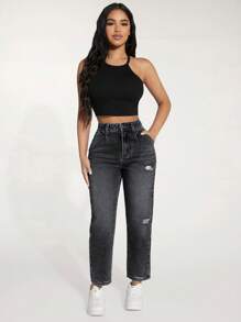 SHEIN PETITE Women's Pocket Ripped Straight Leg Casual Jeans - Dark Grey - View 4