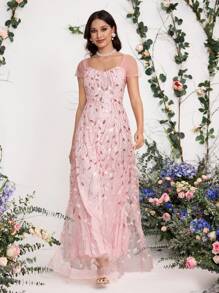Coutiva Women Elegant Sequin Decorated Net Splice Loose Casual Evening Party Dress, Wedding Guest Dress Music Festival Spring/Summer, Formal Dress,Gown
