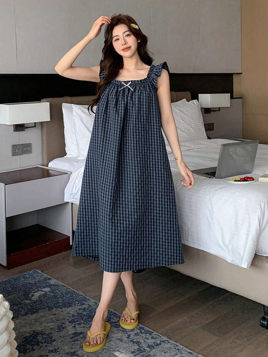 DAZY Camisón de mujer con volantes en las mangas, decorado con lazo de contraste de color dulce, estilo A-line sin mangas, pijama Moo Moo - Azul Marino - Ver 1