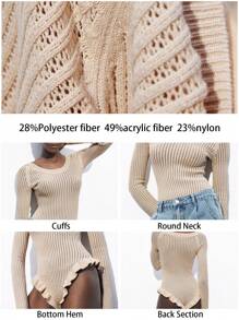 Maija Body mujer de diseño bohemio hawaiano informal, de manga larga, cuello de tripulación ajustado, con volantes calados en tono albaricoque, suave y cómodo, para usar como prenda de resort