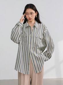 Dazy-Less 女士商务休闲宽松格子长袖衬衫，秋季女装 - 白色 - 查看 6