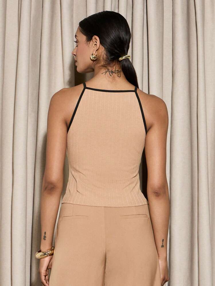 Top caraco sans manches à col licou avec bordure contrastante