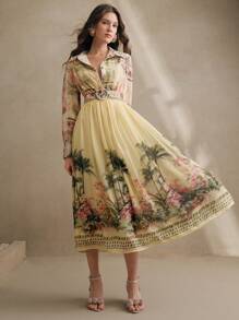 Anewsta Vestido largo con cintura definida, de manga larga y estampado floral bohemio, atuendo de primavera para vacaciones