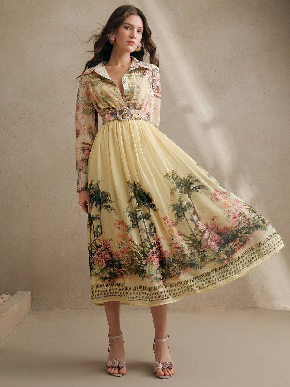Women's Yellow Autumn Boho Tea Party Holiday Bohemian Floral Print Long Sleeve Cinched Waist Maxi Dress,Spring Vacation Outfits Chiffon Long Dress