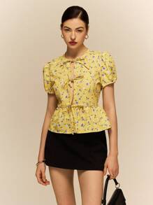 Poéselle Women's Front Tie Short Sleeve All-Over Floral Print Casual Shirt, Daily Wear,Romantic Tops,Going Out Tops Women,Summer Outfits For Women,Cute Summer Tops