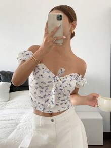 SHEIN Frenchy 女士休闲花卉印花前系带衬衫 - 藍白色 - 查看 4