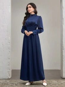 Modelyn Women's Round Neck Ruched Lantern Sleeve 2 In 1 Decorative Button A-Line Dress, Elegant - Blue - View 6