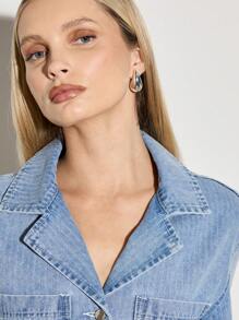 AiiRZ 复古短款牛仔夹克纽扣前短袖宽松实用工装风格立领夏季春季休闲街头时尚上衣 - 藍色 - 查看 6