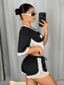 SHEIN ICON 女士前系带简约休闲低腰拼色蕾丝 Y2K 跑步篮球足球运动女式短裤