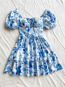 Soleia 春夏季假期蓝白花卉U领系带腰A字型露背泡泡袖迷你连衣裙，适合约会、下午茶、度假、音乐节、波西米亚风