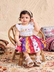 SHEIN Babygirl Cute Cartoon & Floral Print Knit Top And Mini Skirt 2pcs Set, Summer - Multicolor - View 1
