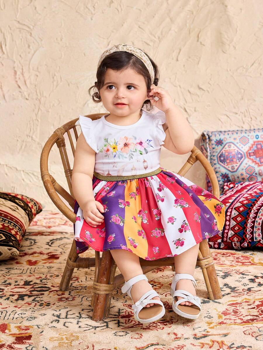 SHEIN Babygirl Cute Cartoon & Floral Print Knit Top And Mini Skirt 2pcs Set, Summer - Multicolor - View 1