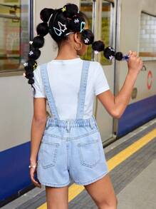 SHEIN Tween Girls Summer Beach Boho Light Washed Slant Pocket Denim Overall Jumpsuit Romper Without Tee,Girls Summer Casual Concert Rave Outfits Graduation Outfit,Everyday Wear - Light Wash - View 2