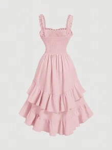 SHEIN MOD Plus Size Apricot Romantic Multilayered Vintage Palace Style Ruffle Hem Dress For Women,Birthday Dresses For Women