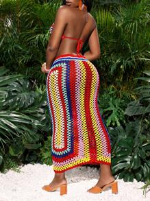 Slaydiva 2 件套女士度假性感圆领条纹短款上衣和裙子套装 - 彩色 - 查看 2