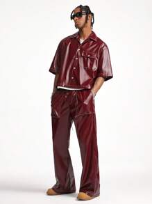 AXEPEAK Men's Pattern Loose Short Sleeve Shirt And Pants Set - Burgundy - View 1