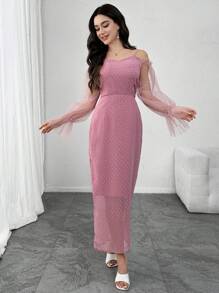 Modelyn 女士优雅提花细肩带 V 领褶饰高端网眼长袖中长连衣裙 - 淺粉色 - 查看 4