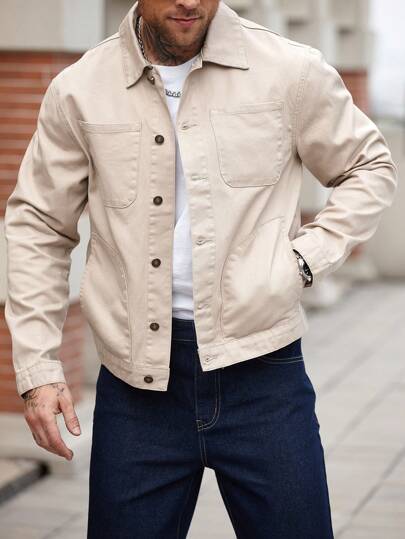 Manfinity Homme Men's Retro Motorcycle Khaki Denim Jacket Hang Out Work Commute Going Out Hiking