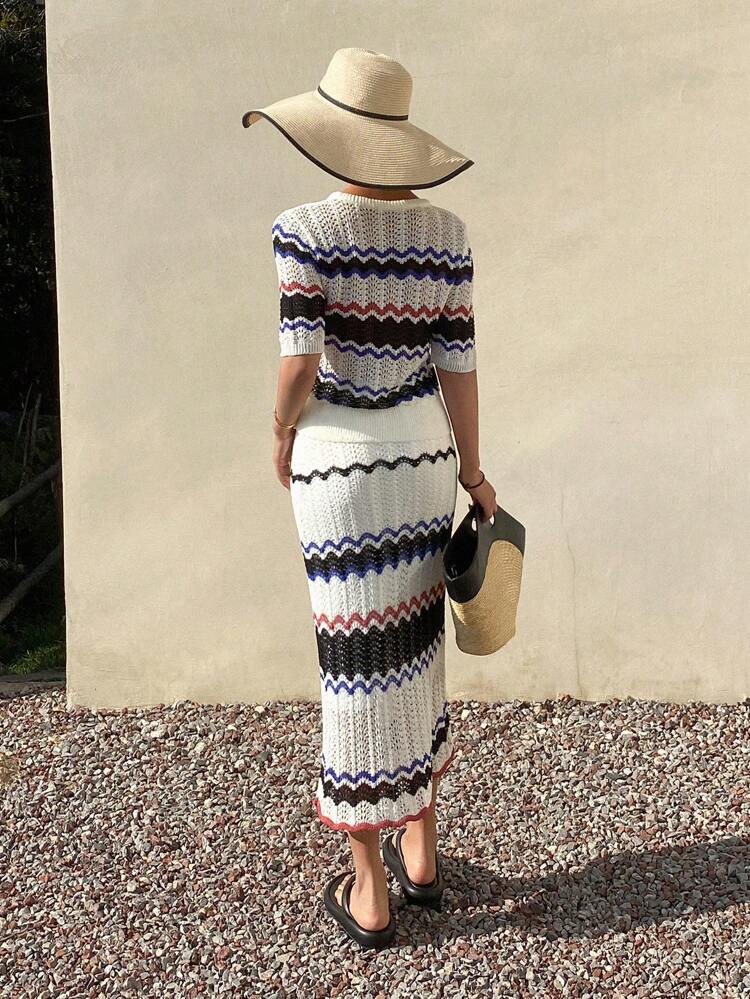 Women 2pcs Set Contrast Striped Knit Top And Skirt Boho