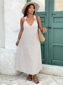 SHEIN Frenchy Women's Plus Size V-Neck Printed Long Dress, Fashion Loose Casual Dress Suitable For Vacation