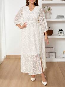 SHEIN Frenchy Vestido casual de mujer talla grande con cintura definida en jacquard color albaricoque, vestido formal de moda estilo boho/bohemio con malla, vestido de graduación floral, vestido modesto de primavera elegante para mujer, vestido largo para playa, atuendo para concierto de mujer - Albaricoque - Ver 7