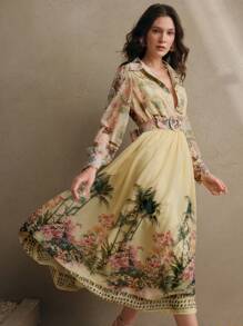 Anewsta Vestido largo con cintura definida, de manga larga y estampado floral bohemio, atuendo de primavera para vacaciones