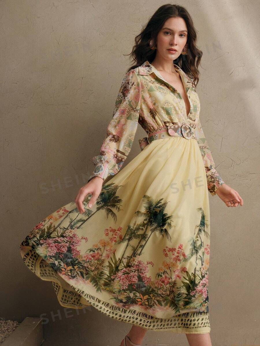 Anewsta Vestido largo con cintura definida, de manga larga y estampado floral bohemio, atuendo de primavera para vacaciones