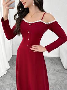 Modelyn Women's Korean Style Charming V-Neck Camisole Dress With Floral Lace Trim, Fitted And Slimming, Long Length - Burgundy - View 7