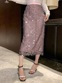 DAZY 女士亮片装饰简约优雅铅笔裙，休闲度假舞会奢华新年嘉年华女装 - 紫色 - 查看 4