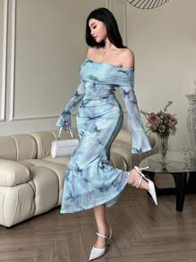 DAZY 女式中长款花卉露肩鱼尾连衣裙优雅秋季连衣裙长袖连衣裙 - 藍色 - 查看 4