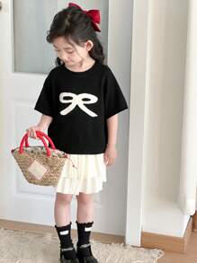 DAZY 年轻女孩休闲简约圆领短袖毛衣，日常穿着，女孩夏季服装 - 黑色 - 查看 6