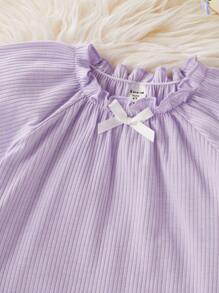 2件套年轻女孩阻燃紫色罗纹蝴蝶结短袖上衣和短裤睡衣套装，荷叶边年轻女孩套装紫色短套装女童夏季套装儿童两件套夏季儿童 - 紫色 - 查看 3